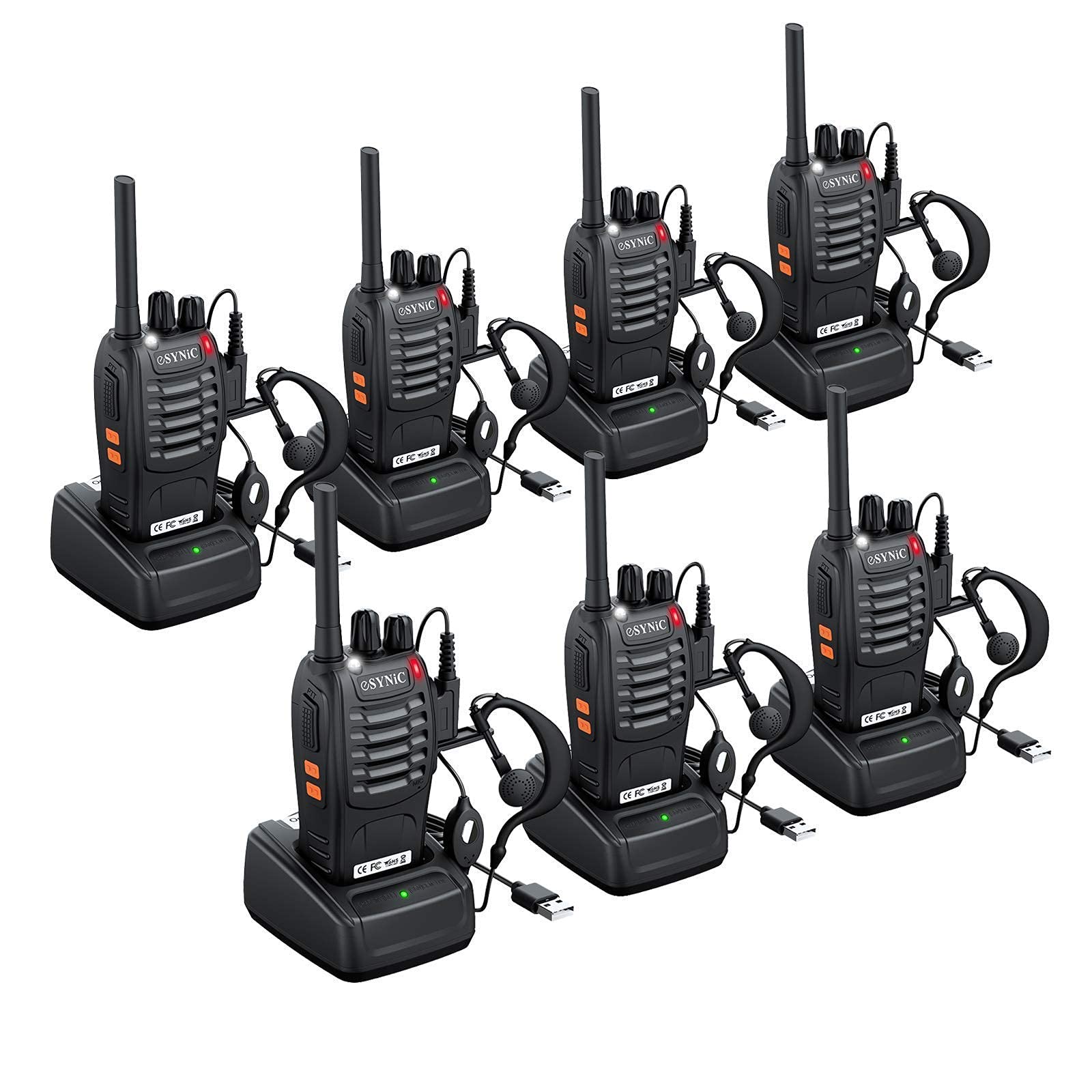 eSynic 7-Pack Rechargeable Walkie Talkies with Earpieces - 16 Channel Long Range Two Way Radios, USB Charging, Flashlight & Handheld Transceiver - Ideal for Outdoor Adventures, Construction Sites, and Event Coordination