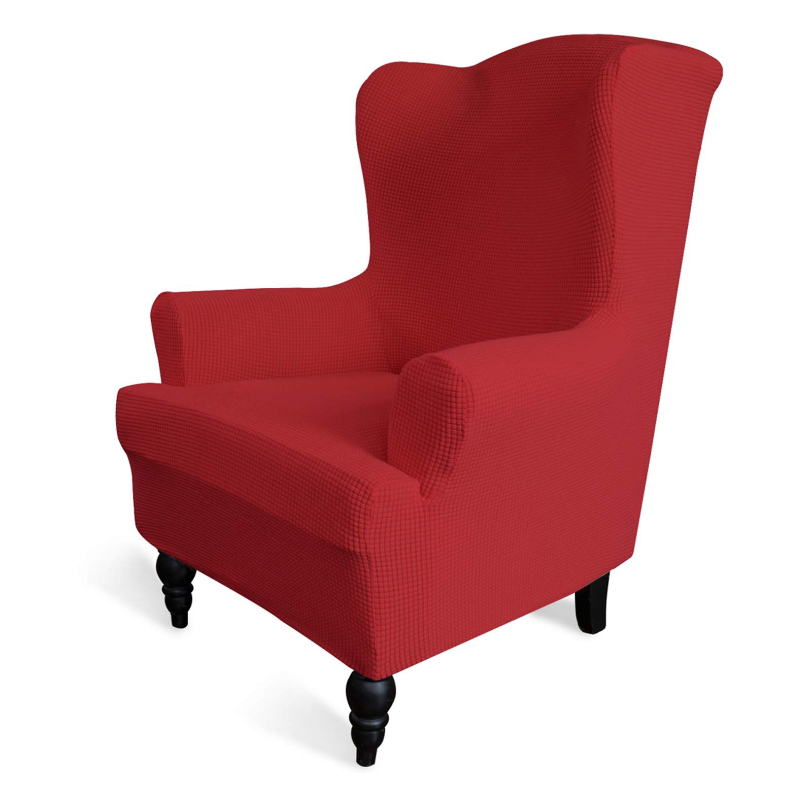 Stretch Wingback Chair Slipcover - 1-Piece Elastic Sofa Cover with Jacquard Fabric - Christmas Red Checkered Design - Furniture Protector for Living Room, Office & Holiday Decor