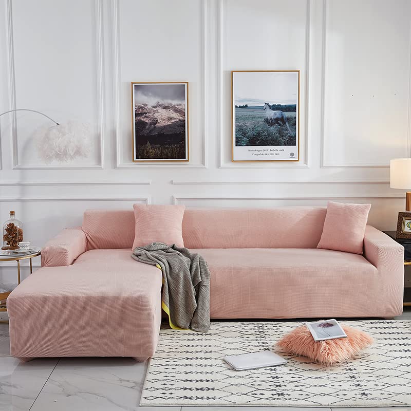 Velvet L-Shaped Sofa Cover Slipcover for Sectional Couch - Stretchable Corner Couch Cover with Elastic Straps, Pet & Kid Friendly (Pink, 4-Seater, 235-300cm) - Perfect for Living Room, Family Room & Home Theater Seating