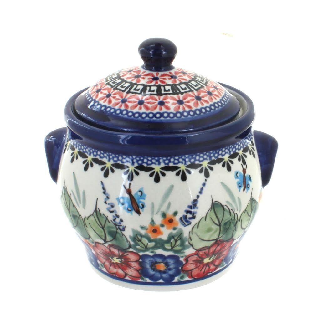 Blue Rose Polish Pottery Floral Butterfly Small Canister - Handmade Ceramic Storage Jar for Kitchen, Bathroom & Home Decor