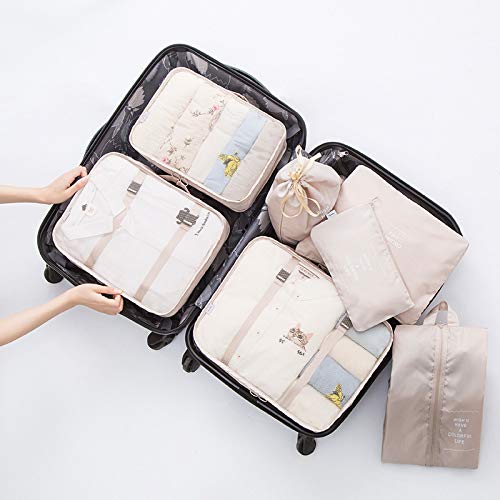 XXSR 7-Piece Travel Storage Bags Set - Large Capacity Organizer for Clothes & Accessories | Durable Twill Fabric in Off-White | Perfect for Suitcases, Closets & Packing Cubes