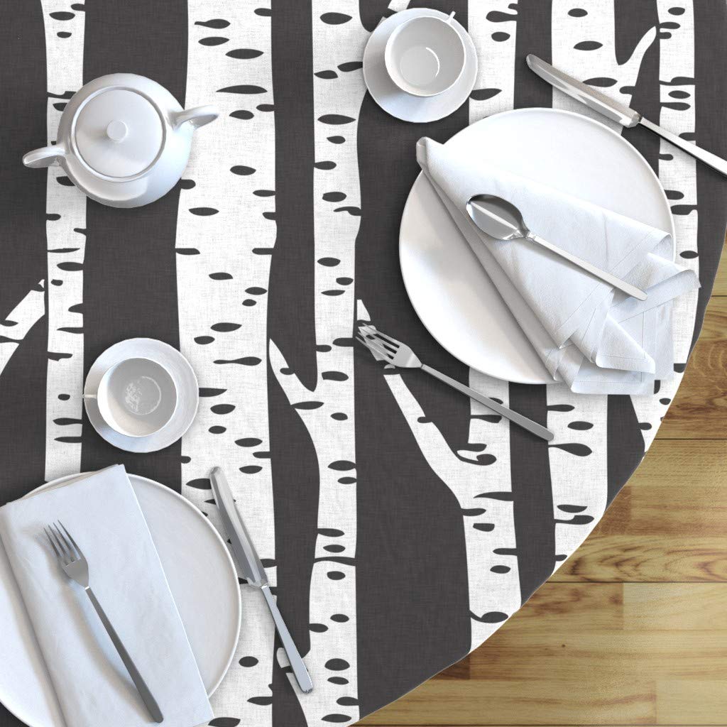 Custom Birch Tree Black White Forest Woodland Print Cotton Sateen Tablecloth - 90