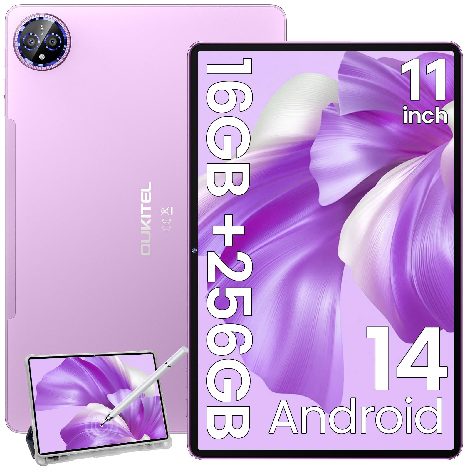 OUKITEL OT12 Android 14 Tablet - 11 Inch 2K Display with Stylus, 16GB RAM (4+12) + 256GB ROM (Expandable to 1TB), 8000mAh Battery, Octa-Core Processor, 13MP Camera - 4G LTE/5G WiFi SIM Tablet with GPS & TÜV Certified - Perfect for Gaming, Work, and Online Learning