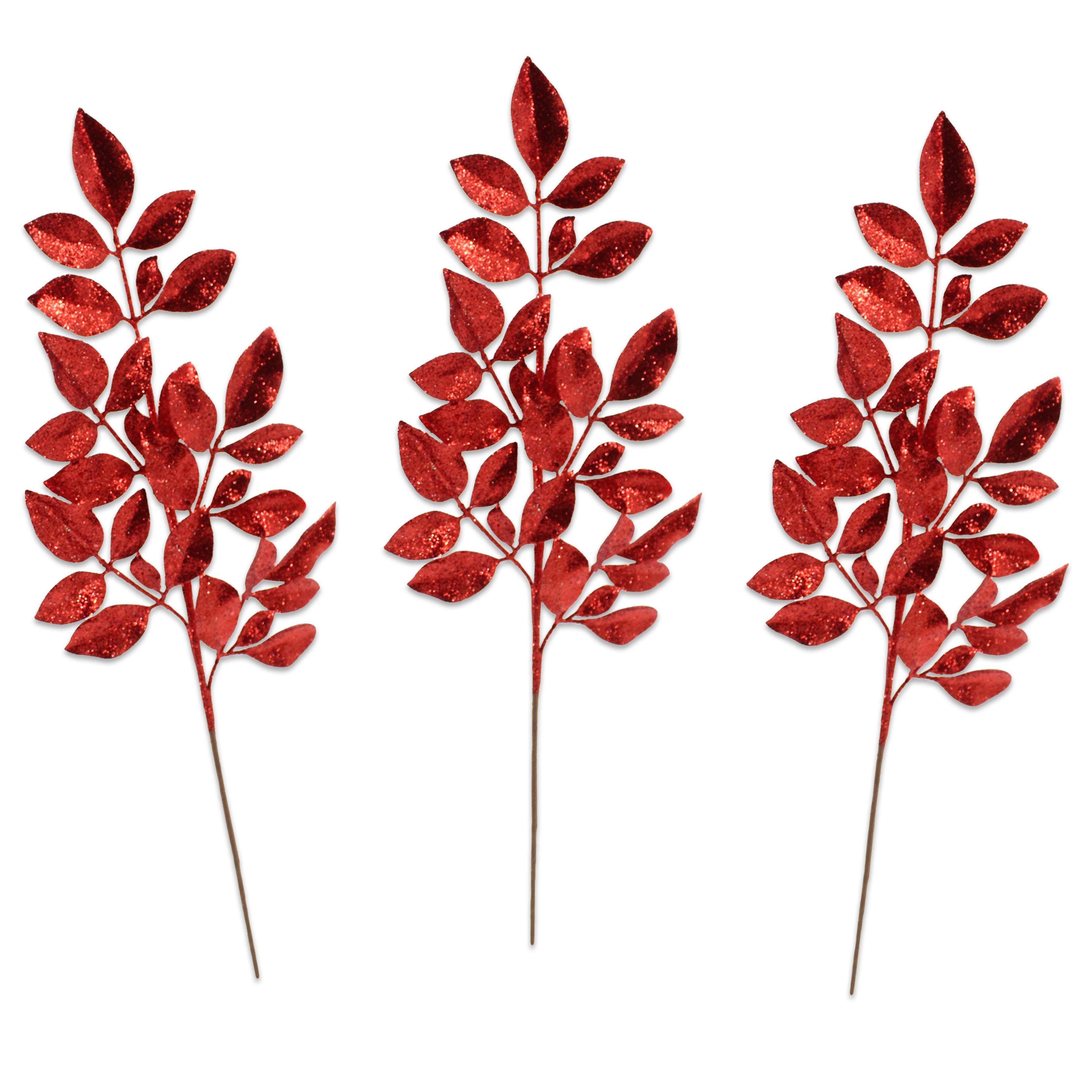 3 Pack Red Leafy Glitter Picks for Floral Arrangements, DIY Crafts, and Party Decorations - Christmas, Thanksgiving, and Fall Seasonal Decor