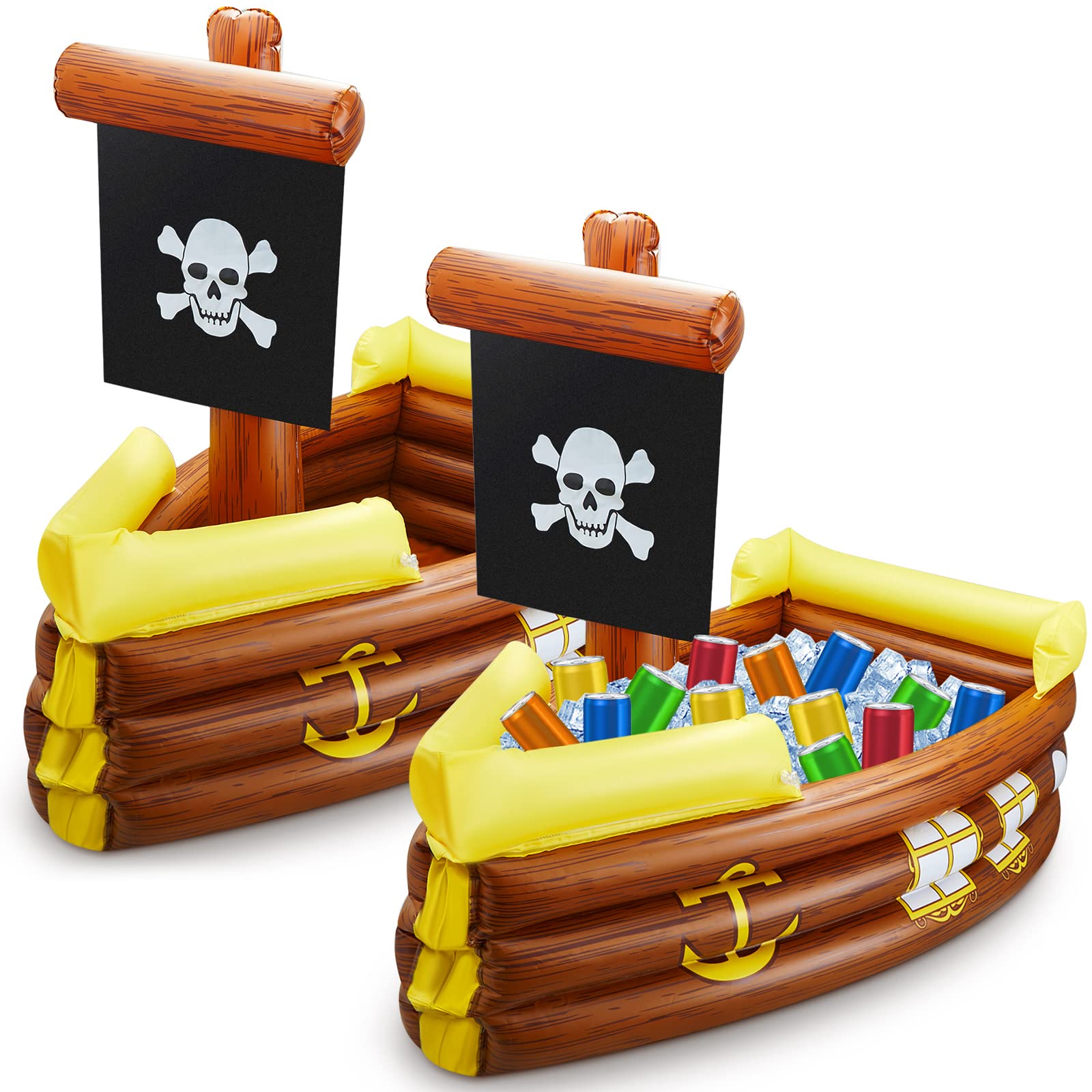 Inflatable Pirate Ship Cooler - 2 Pack Halloween Party Decor, Food & Beverage Serving for Bar, Birthday, Pool Parties - Perfect for Outdoor Events & Themed Gatherings