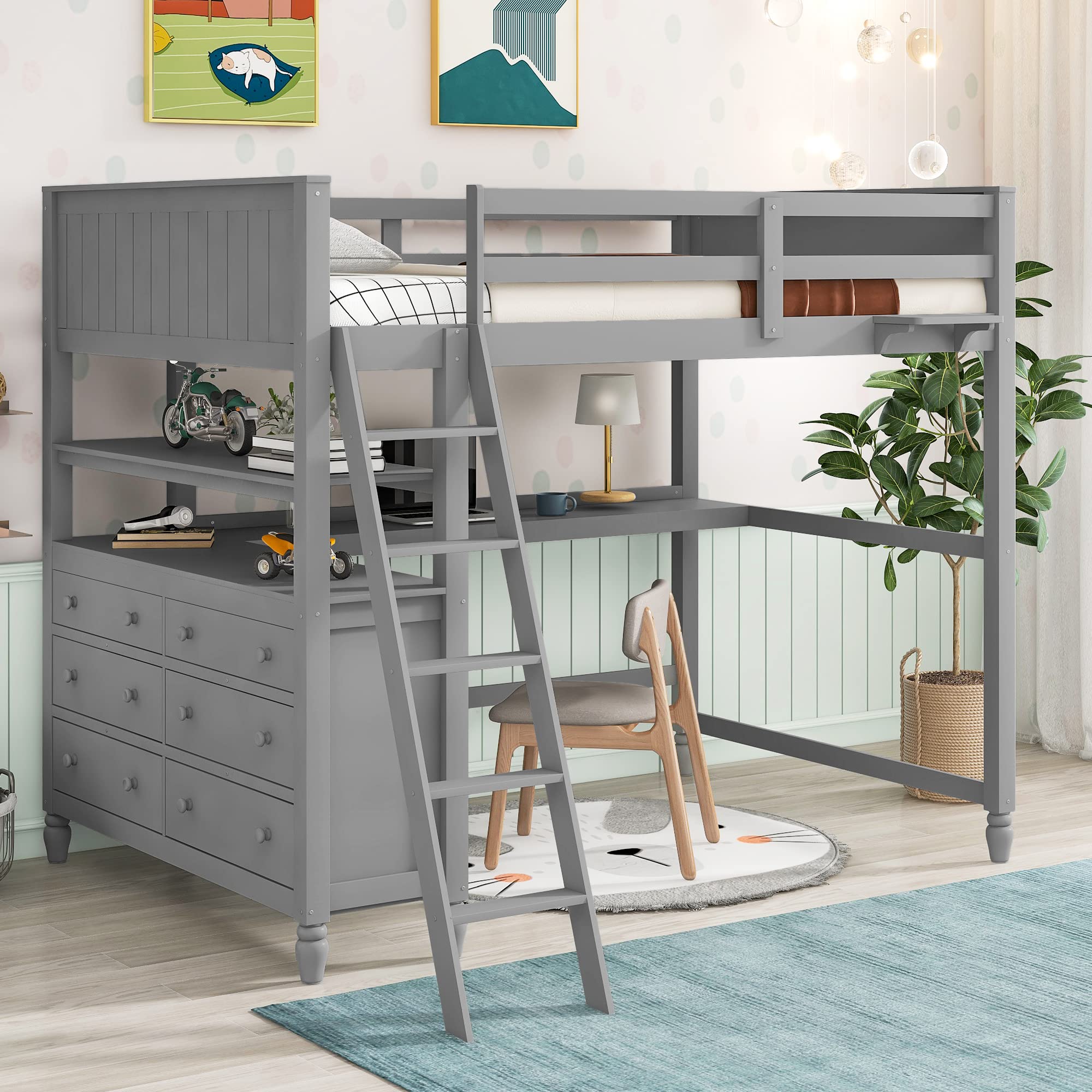 Full Loft Bed with Desk & Storage - Wooden Twin Size Loft Bed with 6 Drawers & Shelves for Kids, Teens, College Dorm Room (Grey) - Perfect for Small Spaces, Study & Organization
