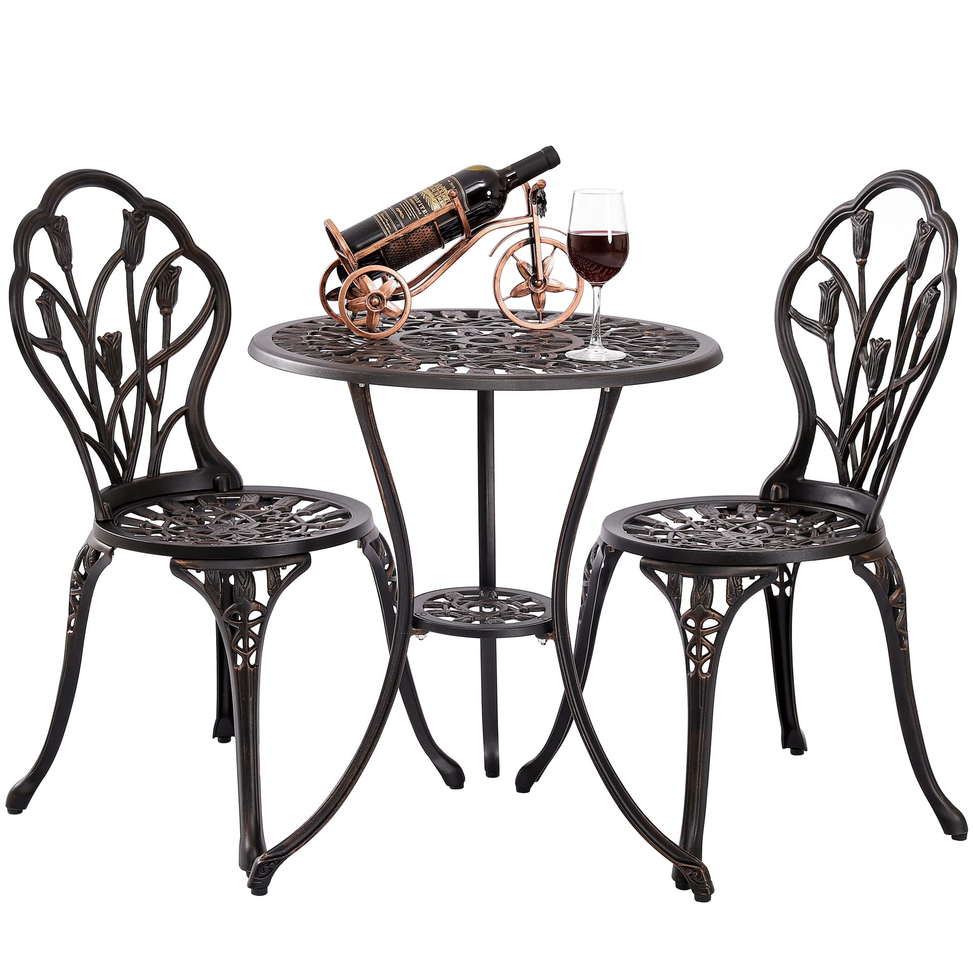 3Pcs Oil-Rubbed Bronze Patio Bistro Set - Durable Cast Aluminum Outdoor Dining Table with Umbrella Hole & 2 Chairs - Elegant Tulip Design Metal Furniture for Garden, Backyard, Deck or Poolside Relaxation