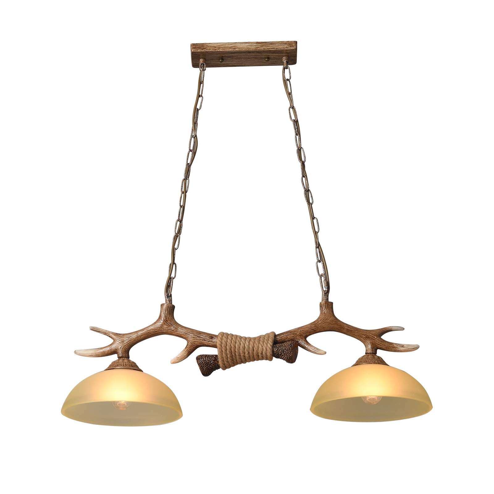Double Head Antler Chandelier - Adjustable Faux Resin Antique Style Pendant Light with 2 Bulbs - Perfect for Restaurant, Living Room & Kitchen Island Lighting Decor | Rustic Cabin, Hunting Lodge & Western Home Decor