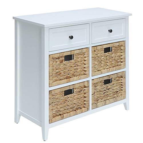 BOWERY HILL White 6-Drawer Accent Chest Console Table with 4 Wicker Baskets - Modern Farmhouse Bedroom Dresser & Entryway Storage Furniture for Home Organization