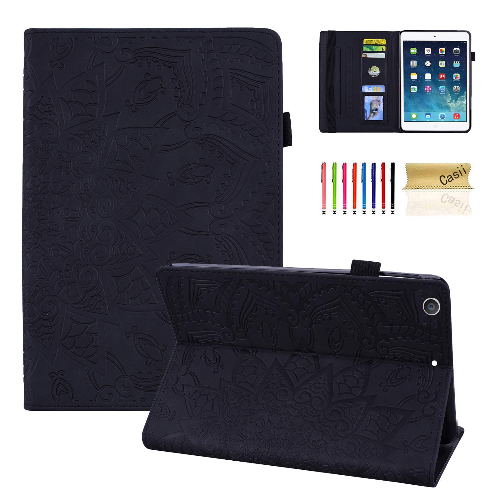 Premium Leather Folio Stand Case for iPad 7th Generation 10.2 Inch (2019) - Multiple Viewing Angles, Card Slots & Pencil Holder | Protective Cover for Work, Travel & Study | Black Flower Design