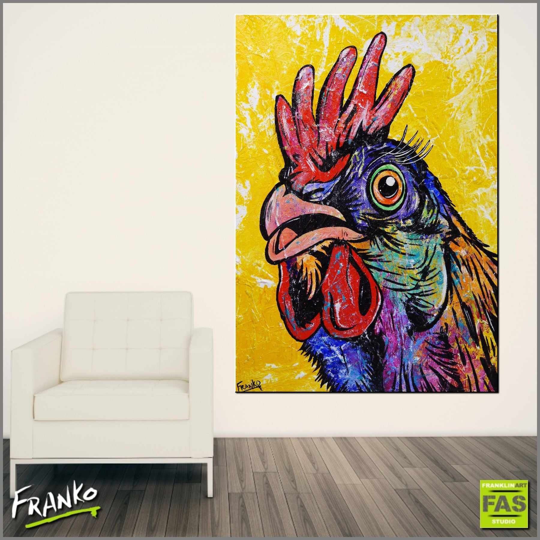 Vibrant Rooster Pop Art Painting - 140cm x 100cm Yellow Cock Wall Decor for Modern Home & Office | Unique Kitchen & Dining Room Artwork