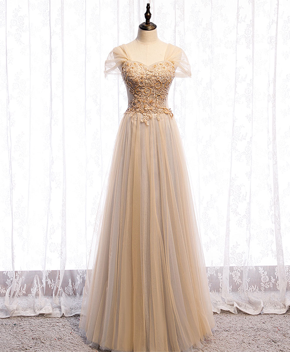 Elegant Champagne Sweetheart Tulle Lace Long Prom Dress for Formal Events - Perfect for Homecoming, Wedding Guest & Evening Gala