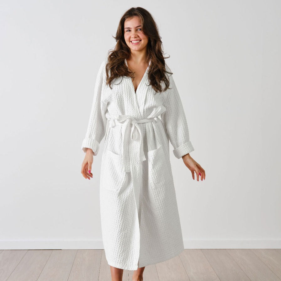 Linen House Keaton White Waffle Bathrobe - Soft & Luxurious Cotton Terry Robe for Women & Men - Perfect for Spa, Hotel, and Home Relaxation