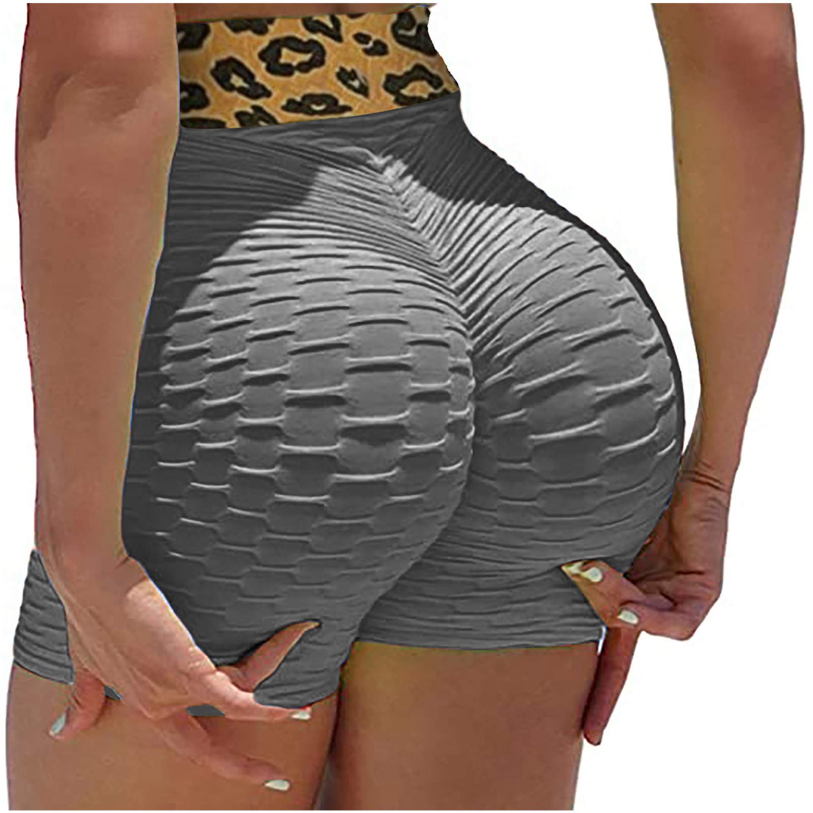 FIRERO Women's High Waisted Yoga Shorts - Bubble Hip Lifting Workout Running Shorts with Pockets, Leopard Stitching Design | Perfect for Gym, Yoga, Running & Casual Wear