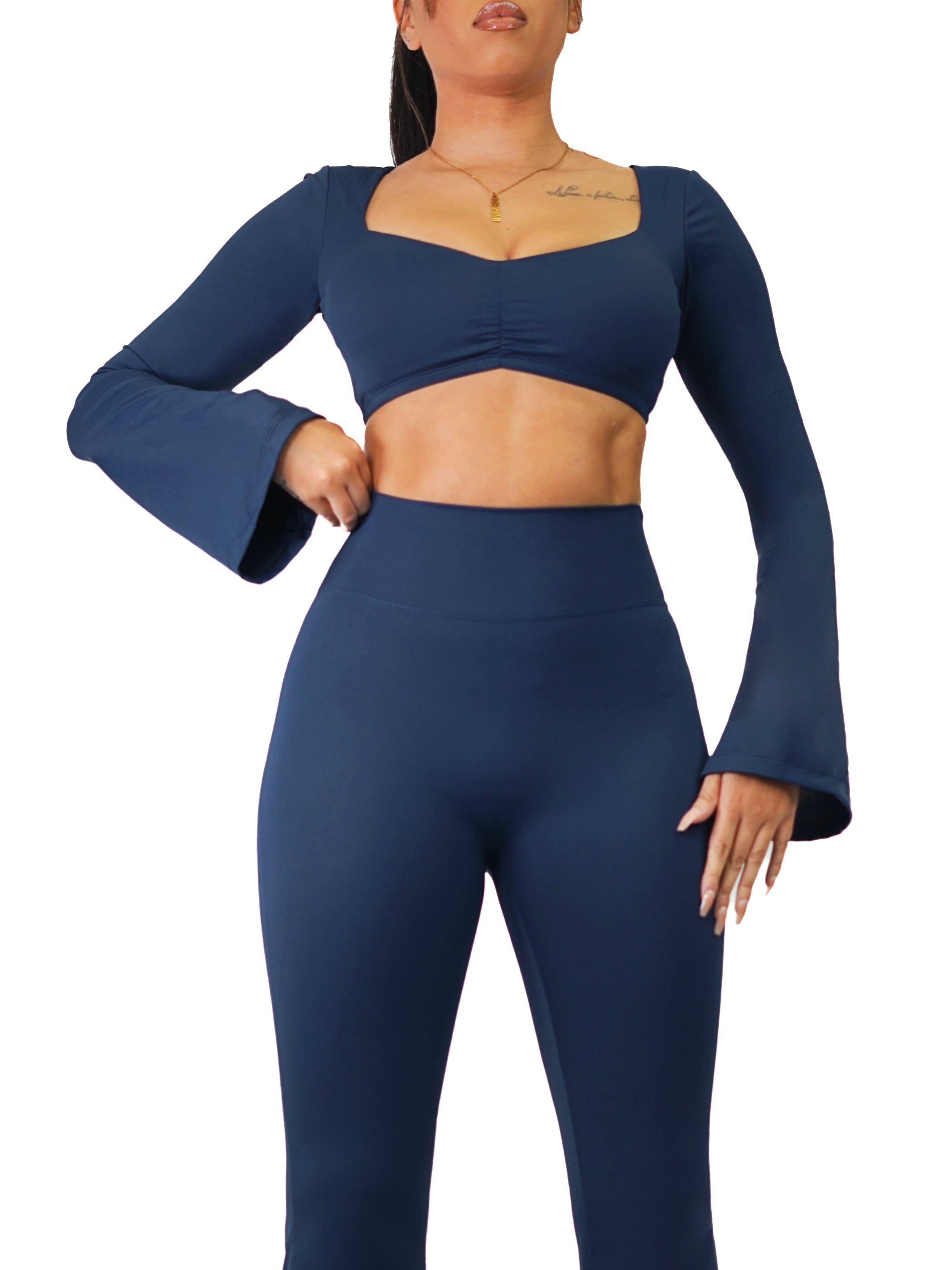 City Girl Flared Long Sleeve Sports Top - Elegant Navy Workout Shirt for Women | Yoga, Running & Gym Wear