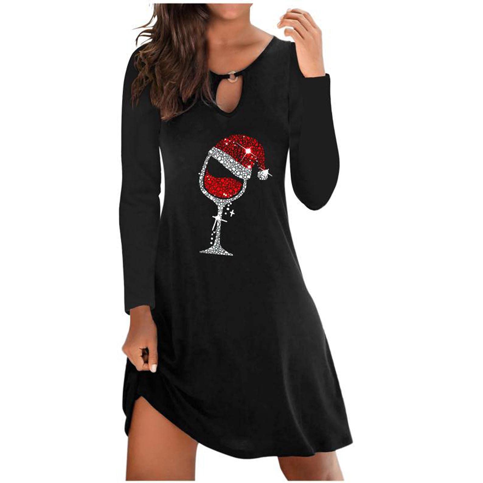 Pompotops Women's Wine Print Long Sleeve Bodycon Dress - Sexy Holiday Party Dress for Christmas, New Year's Eve & Cocktail Events
