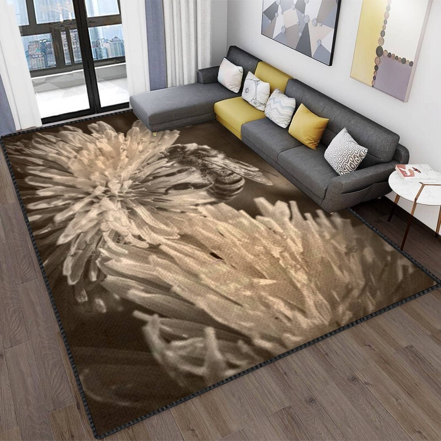 MJKIODPEV Modern Abstract Bee on Yellow Flower Area Rug - Soft Non-Slip Indoor/Outdoor Carpet for Living Room, Bedroom & Kids Room - Perfect for Home Decor, Nursery & Patio Use