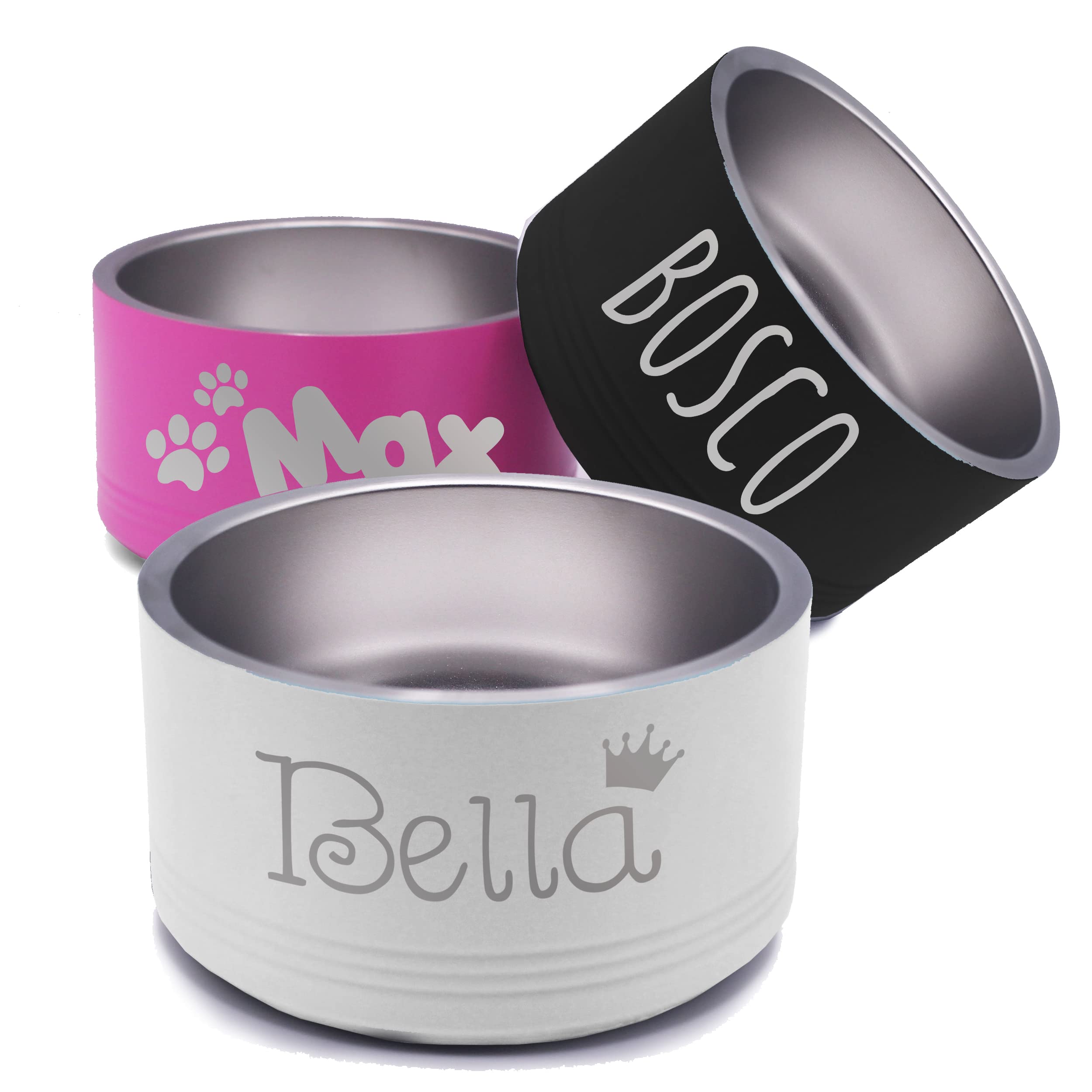 Custom Personalized Stainless Steel Dog or Cat Bowl - Engraved Pet Food & Water Dish with Non-Slip Bottom (Small 18oz, White) | Perfect for Home, Travel & Gifts