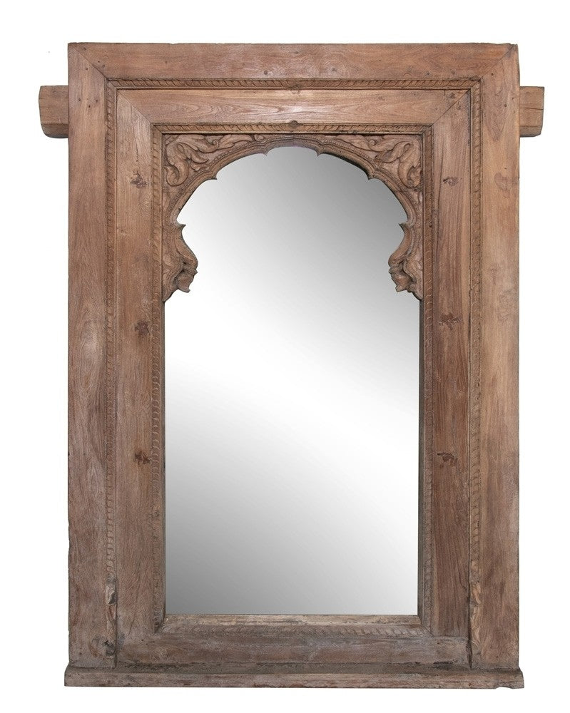 Hand Carved Indian Mehrab Arched Window Frame Mirror - Natural Wooden Wall Decor for Living Room, Bedroom & Entryway - Boho Home Decor, Ethnic Wall Art, Unique Housewarming Gift