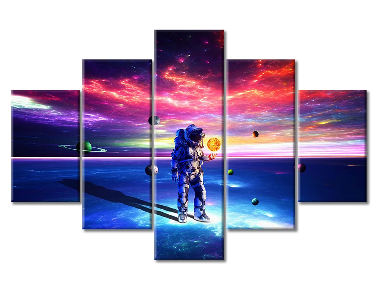 Galaxy Space Canvas Wall Art Set - 5 Piece Outer Space Paintings with Planets & Astronaut, Stretched & Framed Ready to Hang (60x40 Inches) - Perfect for Bedroom, Living Room & Office Decor