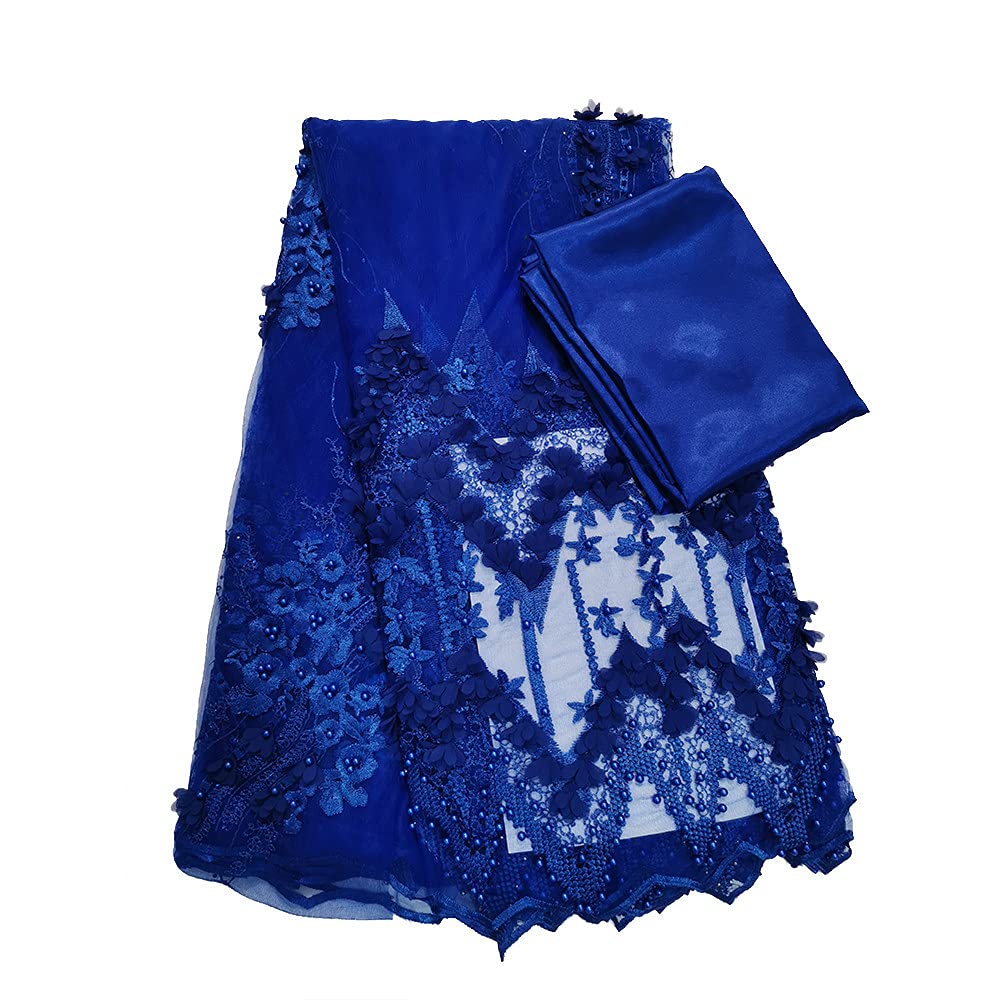 African Lace Fabric with Stones and Beads - Premium French Tulle Lace for Wedding Dresses & Party Gowns - 5 Yards Blue Lace + 3 Yards Satin Bundle - Perfect for Bridal Gowns, Evening Dresses & Special Occasion Sewing Projects