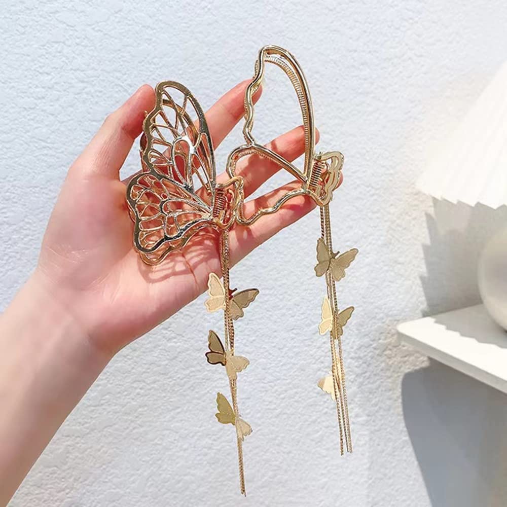2PCS Butterfly Hair Clips for Women - Metal Hair Claw Clip with Non-Slip Grip, Large Butterfly Tassel Hair Accessories for Girls (Pack of 2) - Perfect for Parties, Weddings, and Everyday Hairstyles
