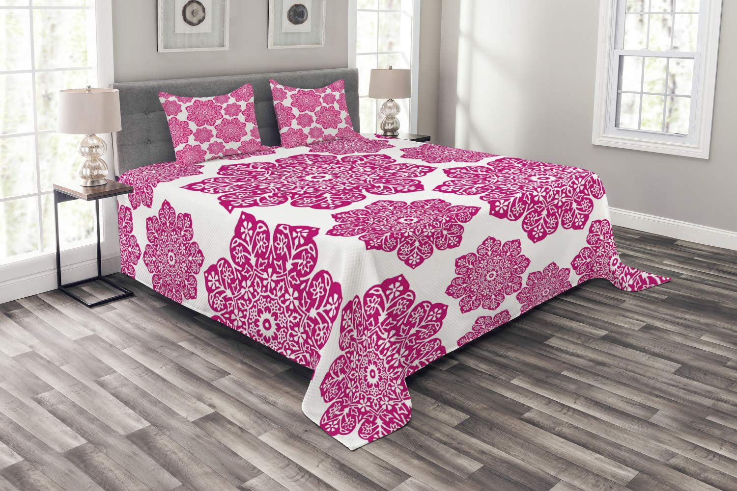 Ambesonne King Size 3-Piece Hot Pink Bedspread Set with Batik Floral Mandala Design - Eastern Inspired Bedding Coverlet & 2 Pillow Shams in White & Pink | Perfect for Bohemian Bedroom Decor, Guest Room Makeover, or Meditation Space Accent