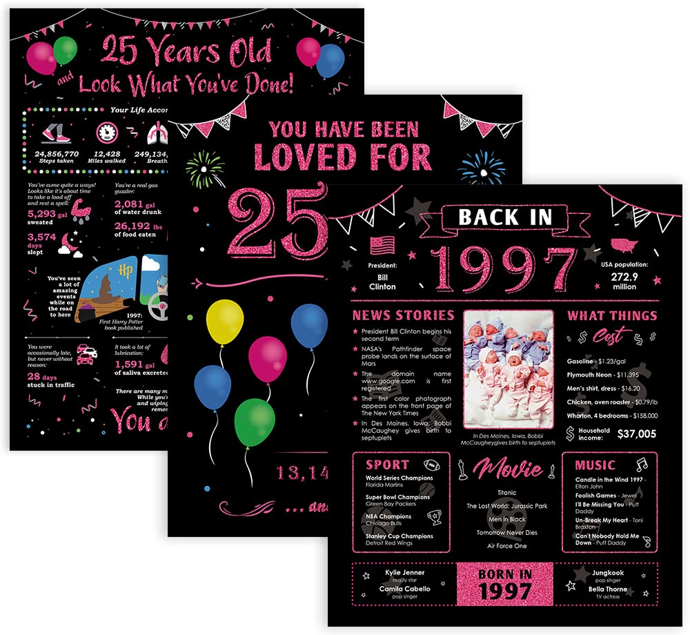 25th Birthday Gifts for Women - 1997 Poster Set of 3 - Perfect for Parties & Anniversaries