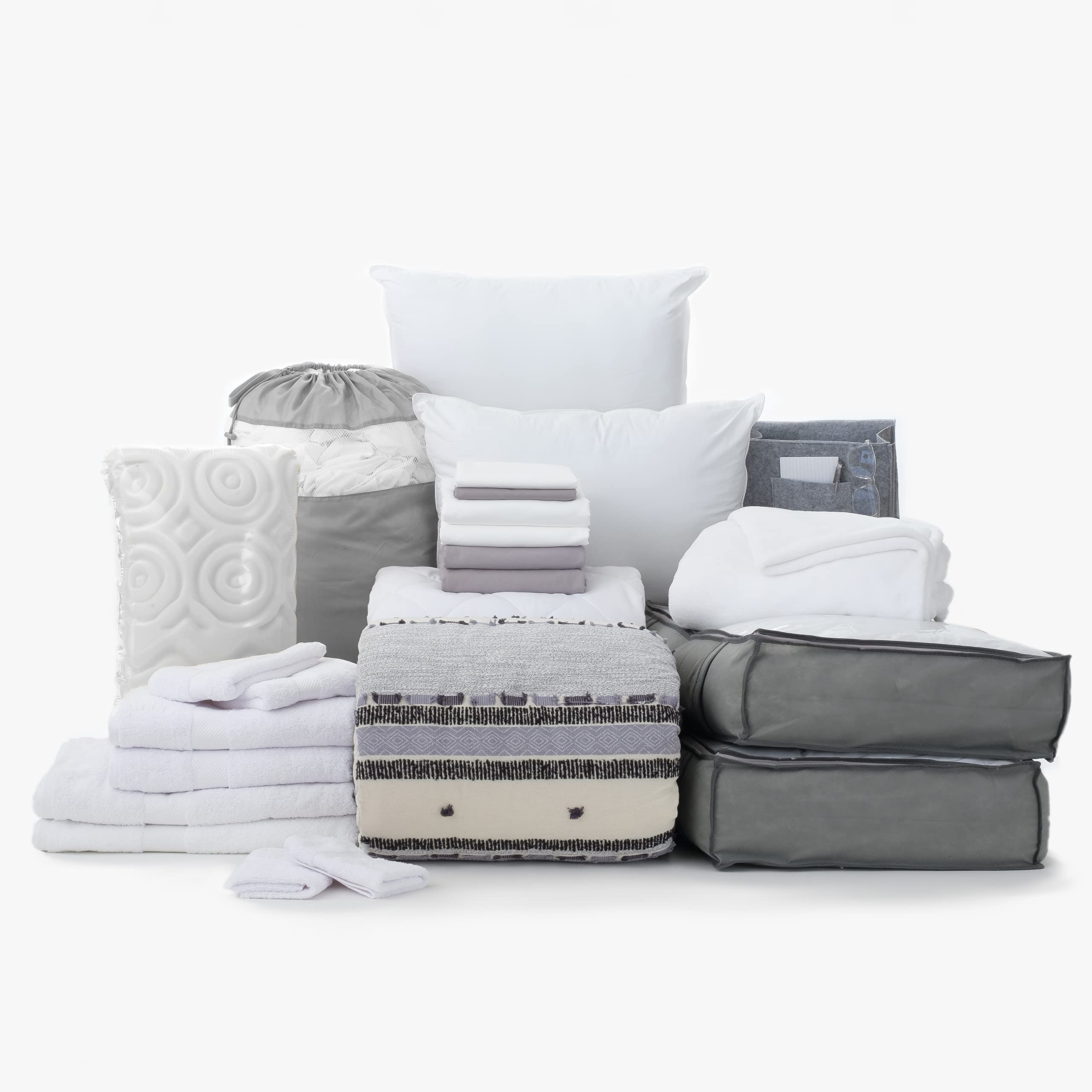 OCM College Dorm Room 24-Piece Complete Campus Pak | Twin XL Bedding Set | Comforter, Sheets, Mattress Topper, Blanket, Towels & Storage | Allison Gray Collection | Striped Gray and Natural Design - Perfect for University Students, Dorm Essentials & Back to School Supplies