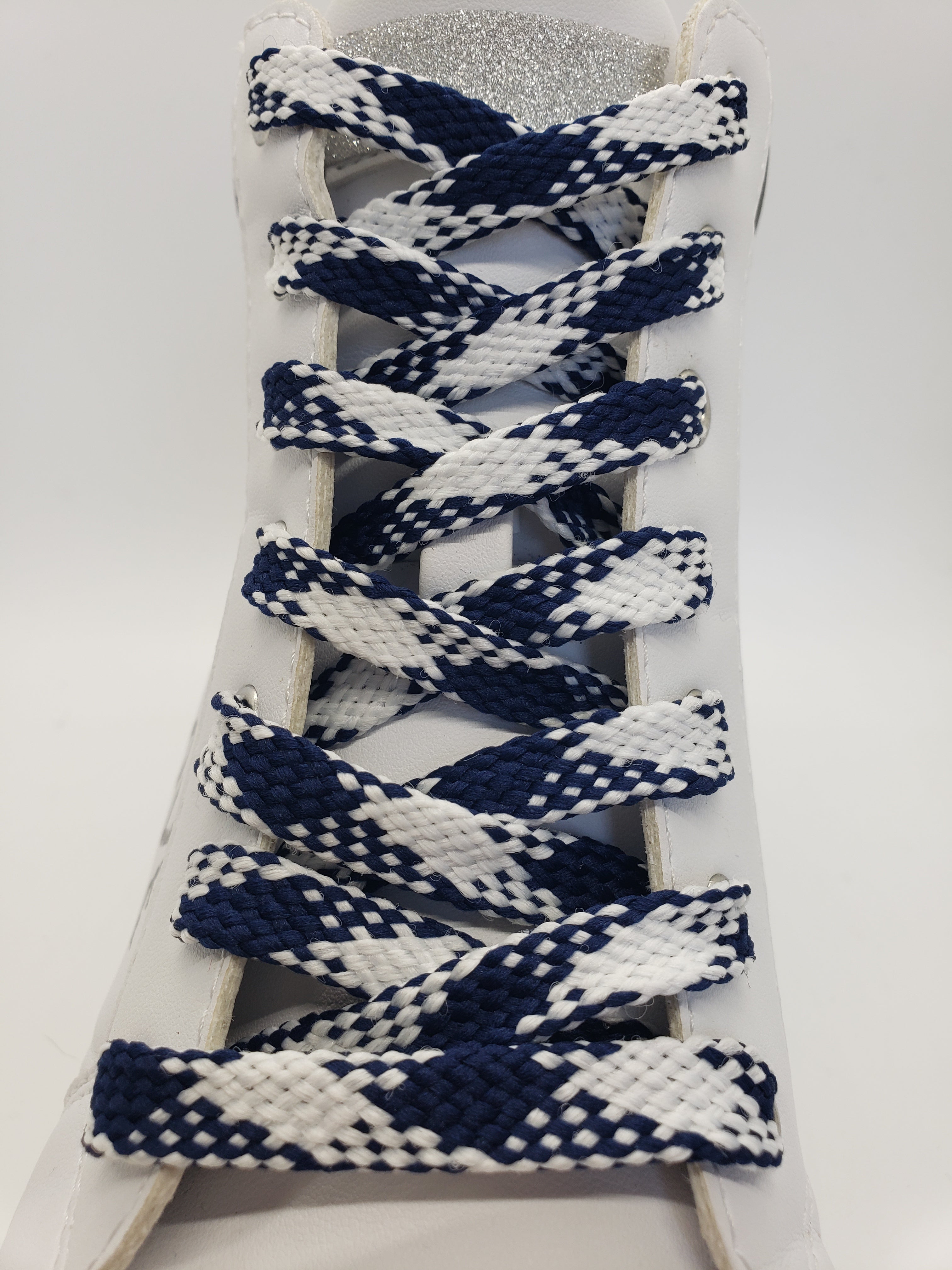 Flat Argyle Shoelaces for Sneakers & Dress Shoes - Navy Blue & White Checkered Pattern - Perfect for Casual, Business & School Outfits