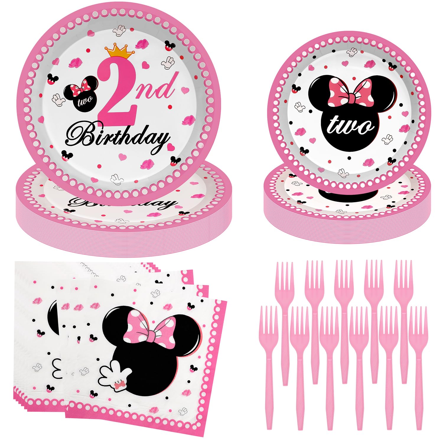 96pcs Minnie Mouse Birthday Party Supplies - Pink Mouse Themed Plates, Napkins & Forks for Girls 2nd Birthday Decorations | Perfect for Minnie Mouse Themed Parties, Baby Showers & Kids Celebrations