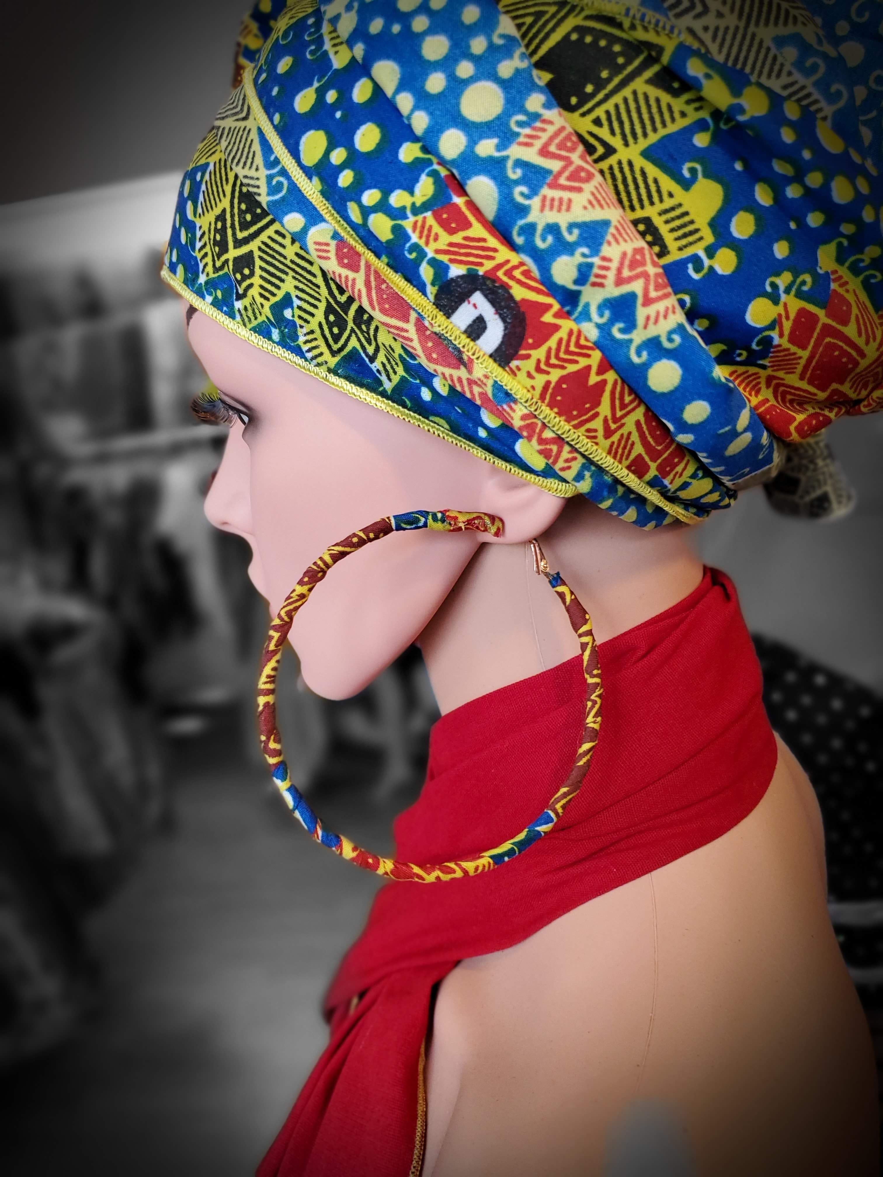 Dupsie's African Print Wrapped Hoop Earrings - Green, Red & Blue Peacock Design DPJ3846 | Stylish Ethnic Jewelry for Women, Perfect for Parties, Weddings & Cultural Events