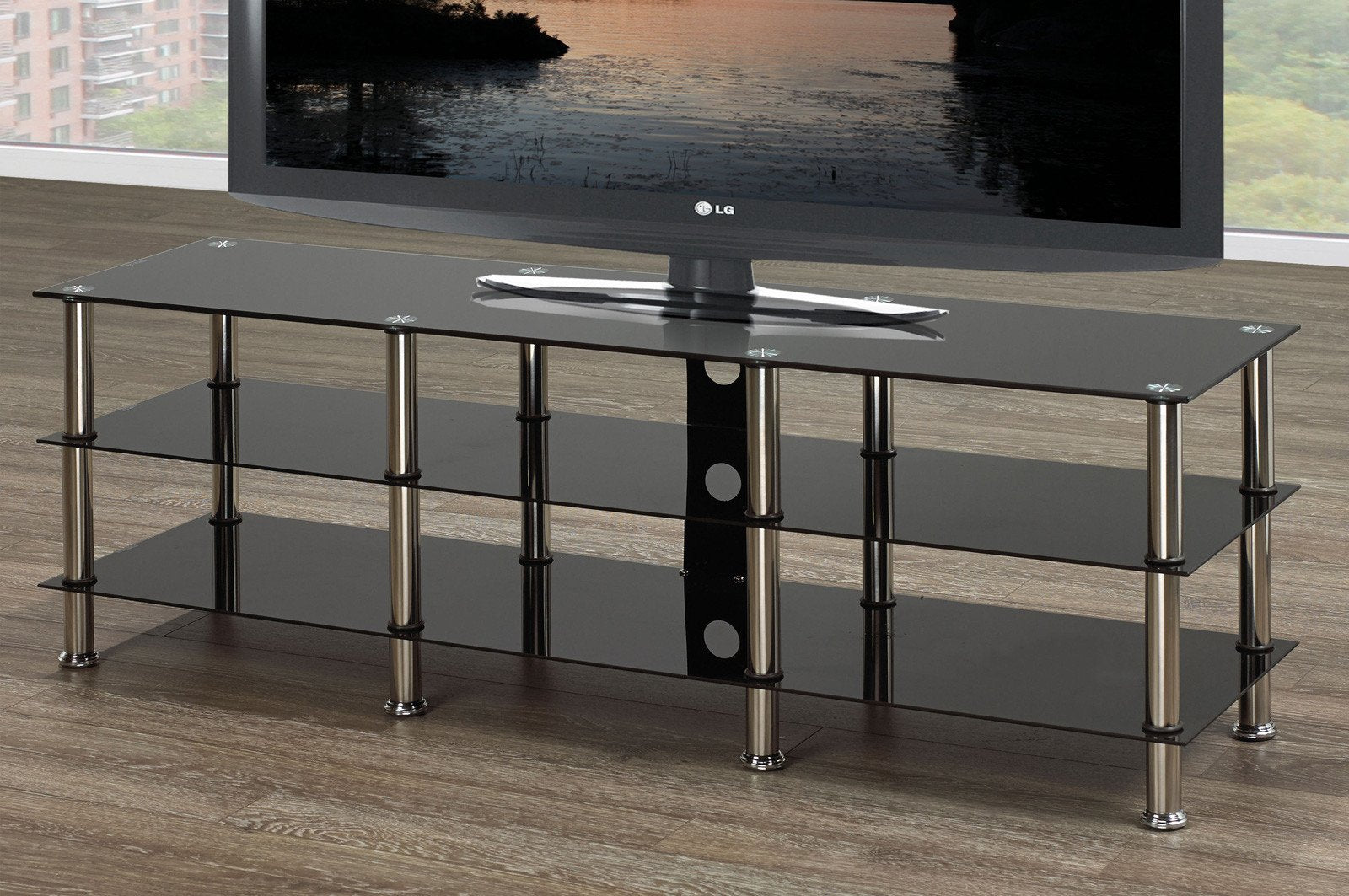 Modern Black Glass TV Stand with 3 Adjustable Shelves & Sturdy Chrome Legs - Perfect for Living Room, Bedroom, or Home Theater Setup
