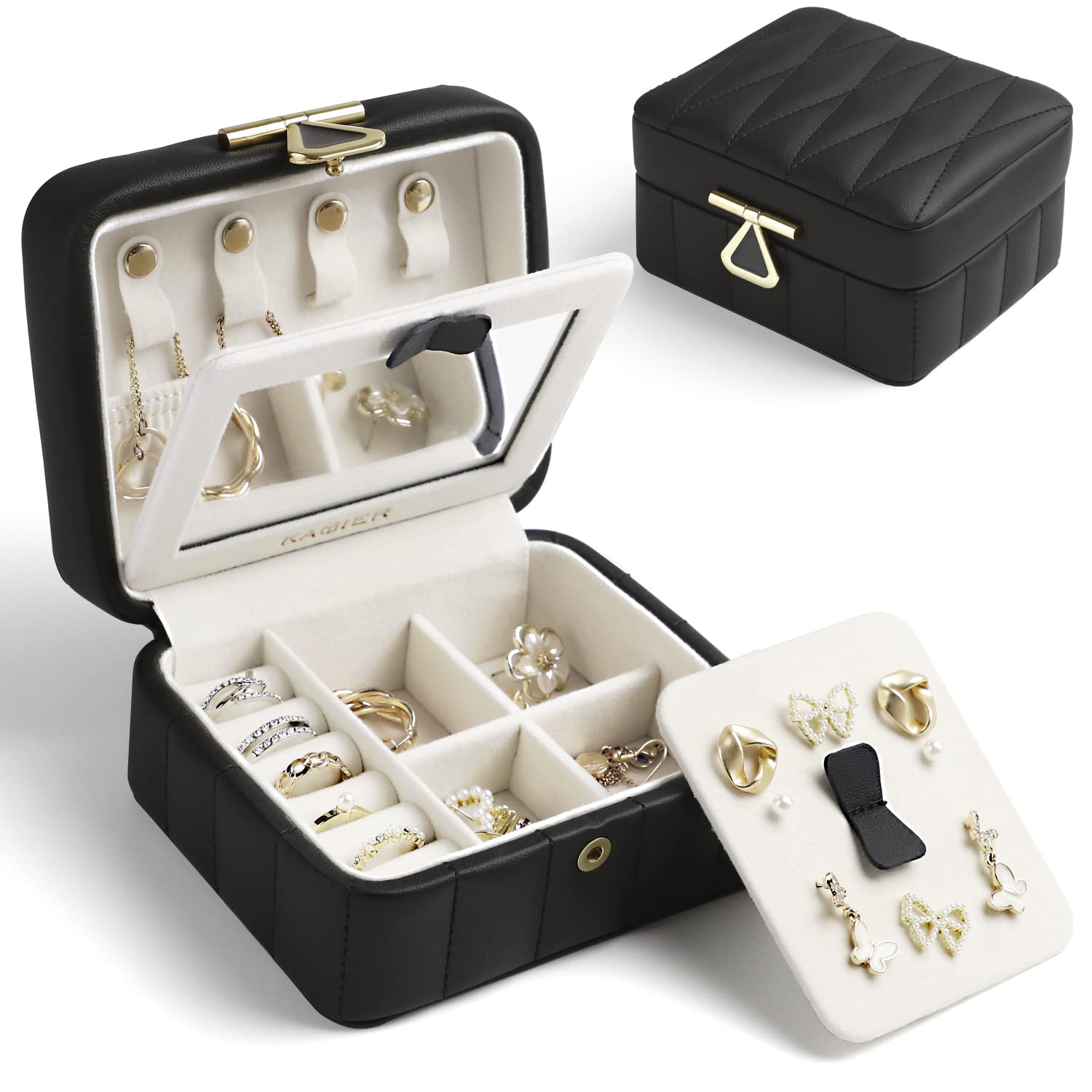 KAMIER Travel Jewelry Box - Leather Organizer with Mirror for Women | Portable & Compact