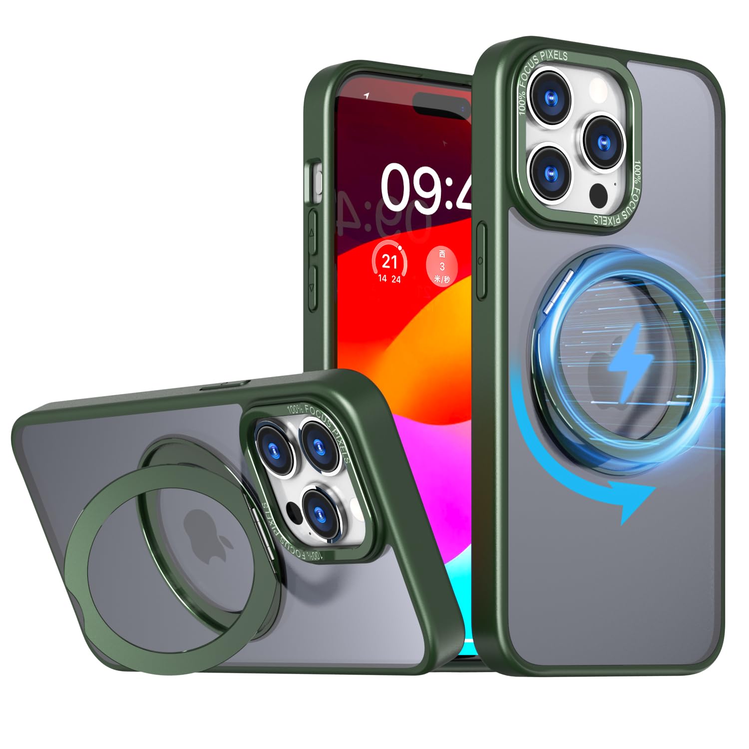 **iPhone 15 Pro Max Case with 360° Rotating Metal Stand & Magnetic Ring Holder | Slim Durable Frosted Cover (Army Green 2024) - Perfect for Hands-Free Viewing, Gaming & Travel**