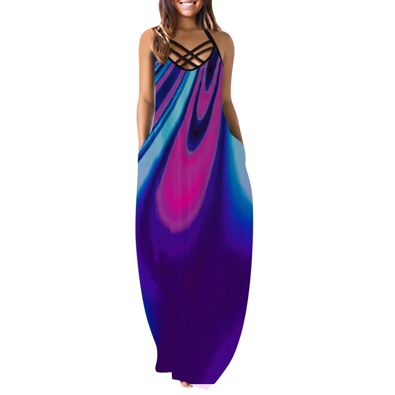 Women's Plus Size Summer Dresses - Round Neck Strap Casual Dress with Double Pockets | Perfect for Beach, Vacation & Everyday Wear
