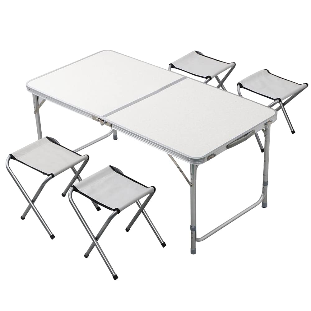 Portable 4ft Folding Picnic Table with 4 Stools - Adjustable Height Aluminum Alloy Lightweight Utility Table for Indoor Outdoor Use - Perfect for Picnics, Parties, Camping, BBQ, Tailgating & Backyard Gatherings