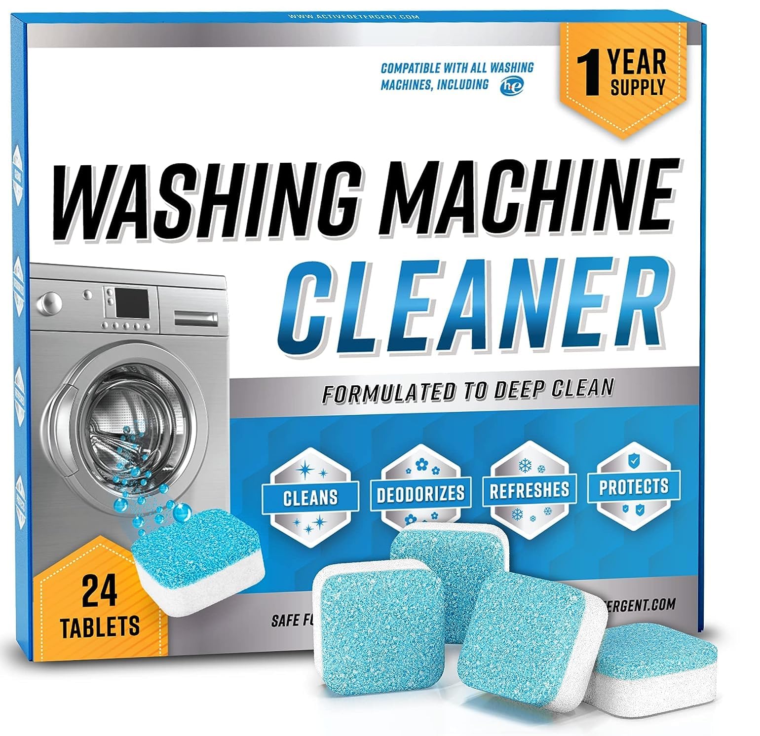 24-Pack Washing Machine Cleaner Tablets | Descaling & Deep Cleaning Powder for Top & Front Load Washers | Removes Odor, Mold & Residue | Ideal for Laundry Maintenance & Appliance Care