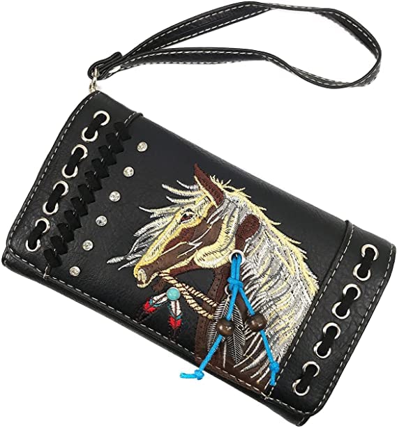 Western Style Horse Embroidery Crossbody Wallet for Women - Black Cowgirl Purse for Rodeo, Country Music Festivals & Western Fashion Accessories