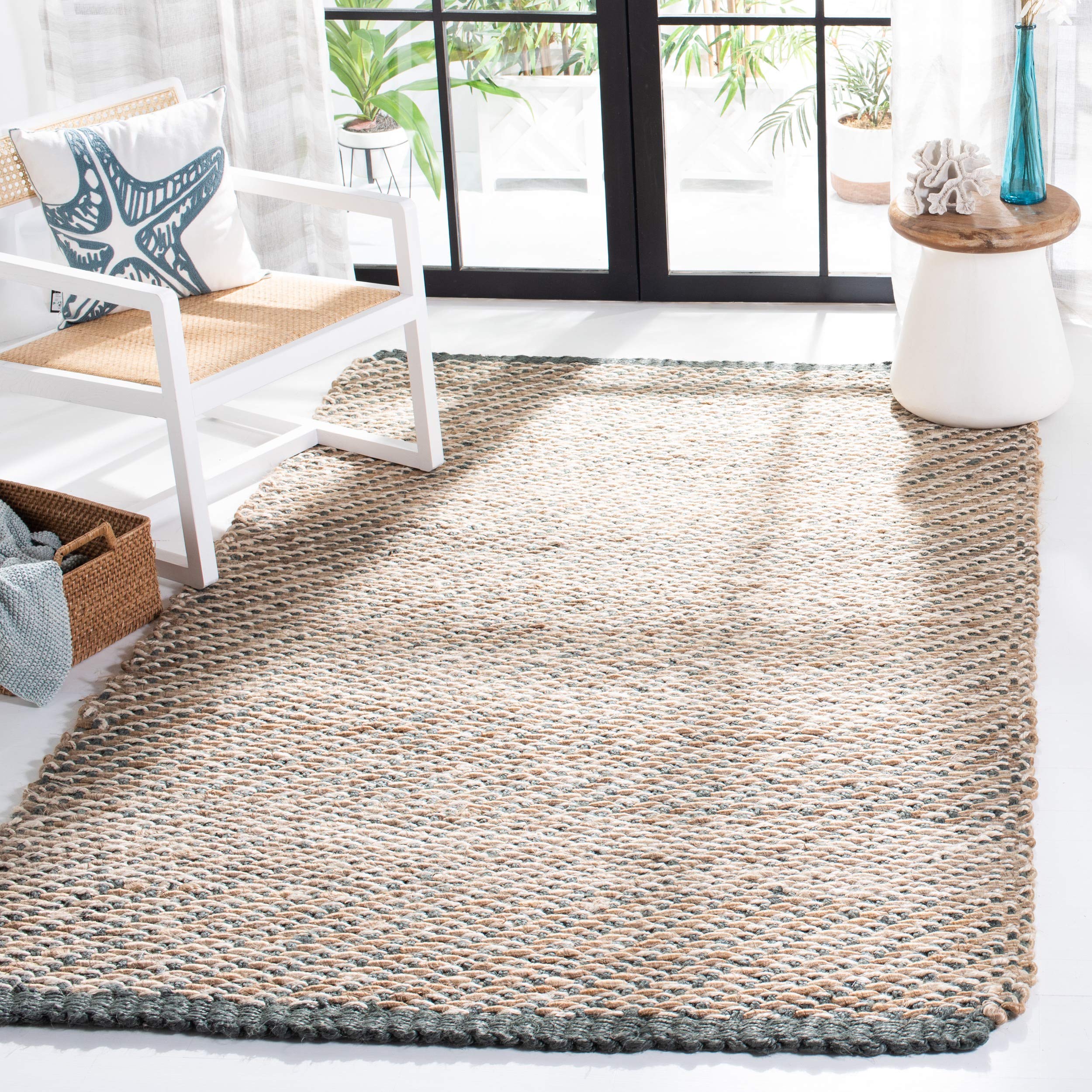 SAFAVIEH Handmade Jute Area Rug 8' x 10' - Blue & Natural Fiber Collection (NF454A) | Non-Slip, Durable for High Traffic Areas | Perfect for Living Room, Bedroom, Office & Entryway Decor