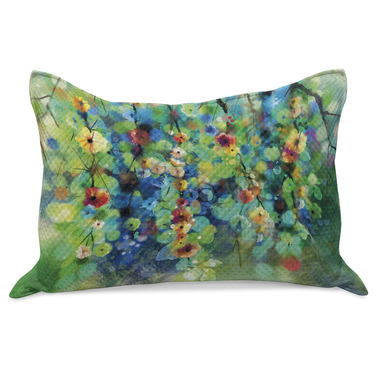 Ambesonne Floral Knitted Quilt Pillow Cover - Vibrant Spring Bloom Design in Green & Blue, Standard Queen Size 30x20 Inches - Perfect for Bedroom Decor, Sofa Throw Pillow or Seasonal Home Accent