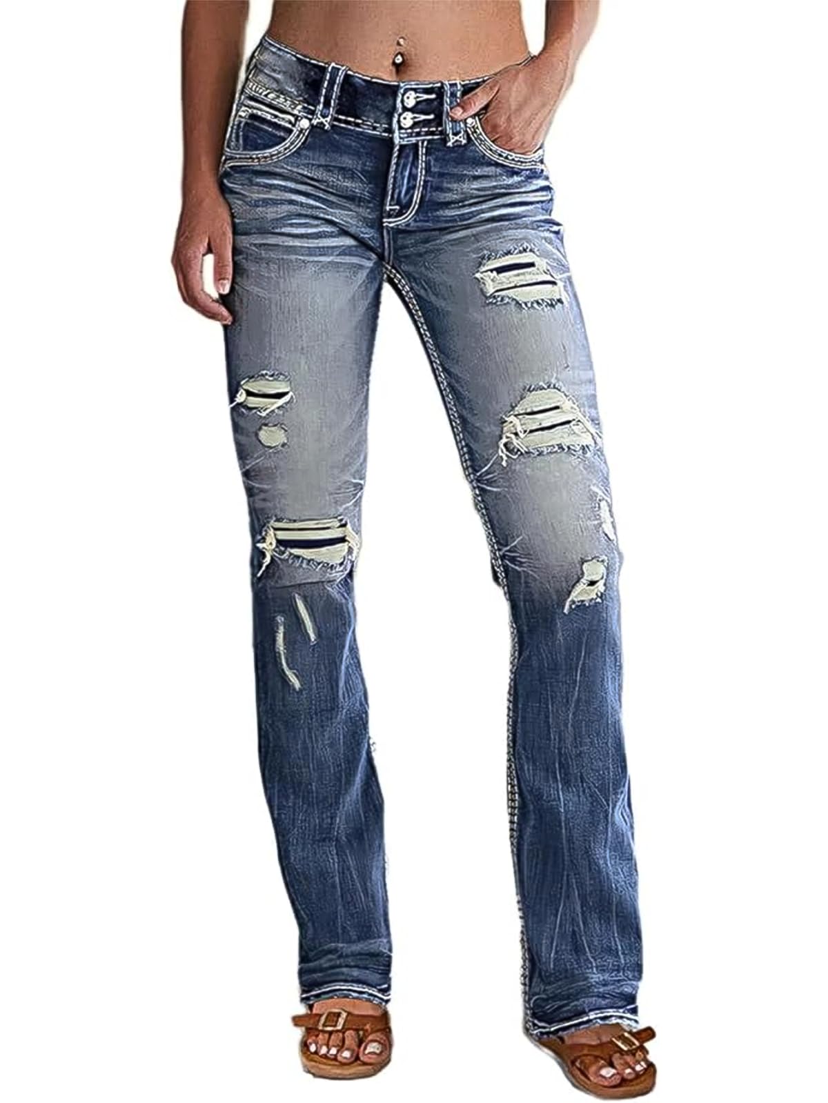 Flamingals Distressed Bootcut Jeans for Women - Low Rise Ripped Flare Denim Pants | Vintage Style Women's Jeans for Casual Wear & Night Out