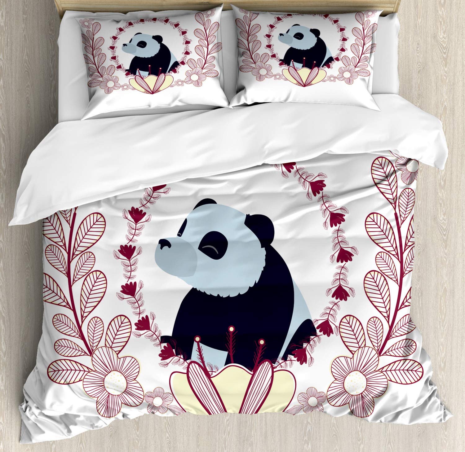 Ambesonne Panda Duvet Cover Set - Fluffy Mammal with Spring Flowers Design, 3-Piece Queen Size Bedding Set with 2 Pillow Shams in Ruby Pale Blue | Cute Animal Print Bedroom Decor for Kids Room, Nursery or Guest Room