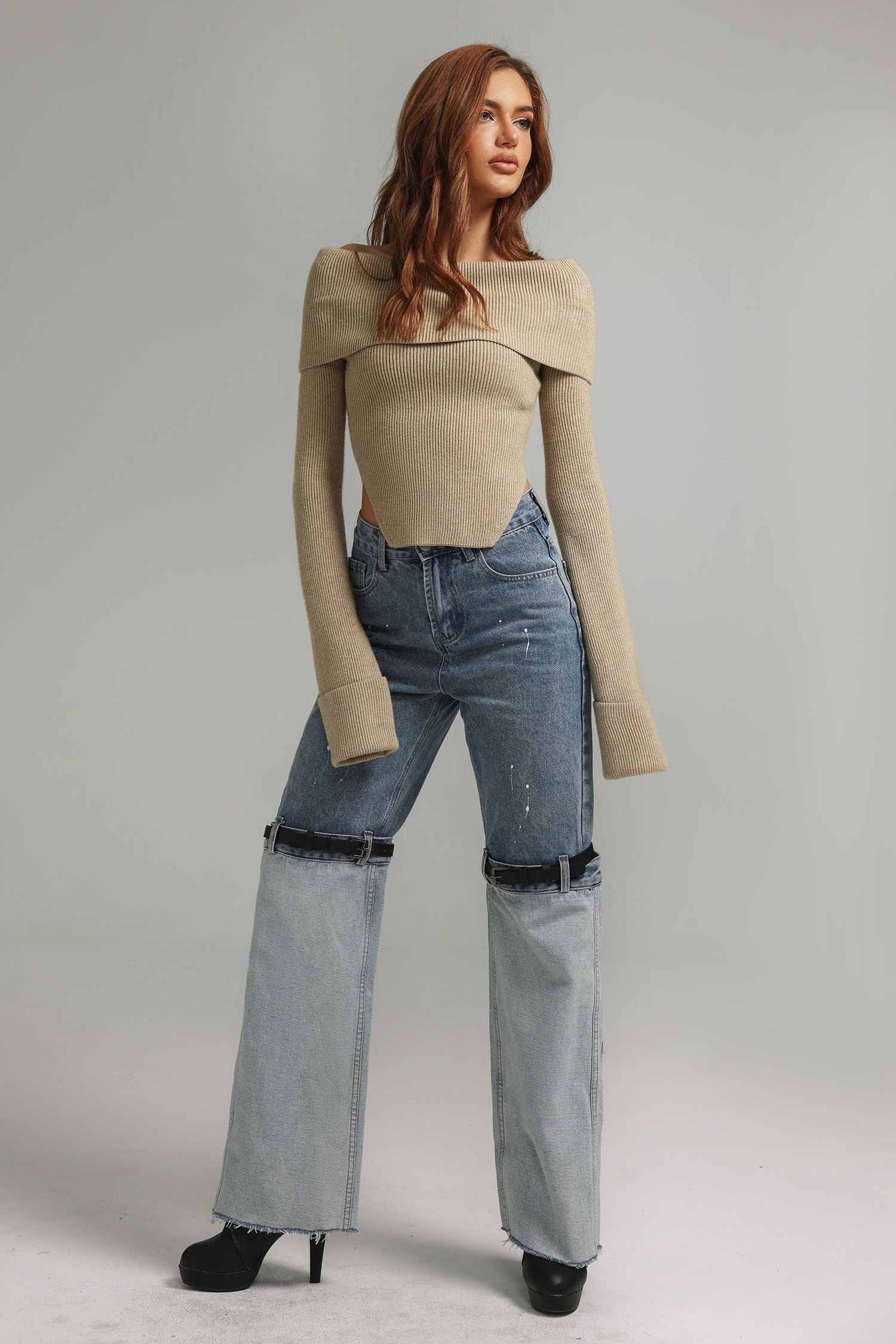 Yarera Women's Off Shoulder Sweater - Soft Knit Pullover Casual Long Sleeve Top in Tan | Perfect for Fall & Winter Outfits, Date Nights, and Office Wear