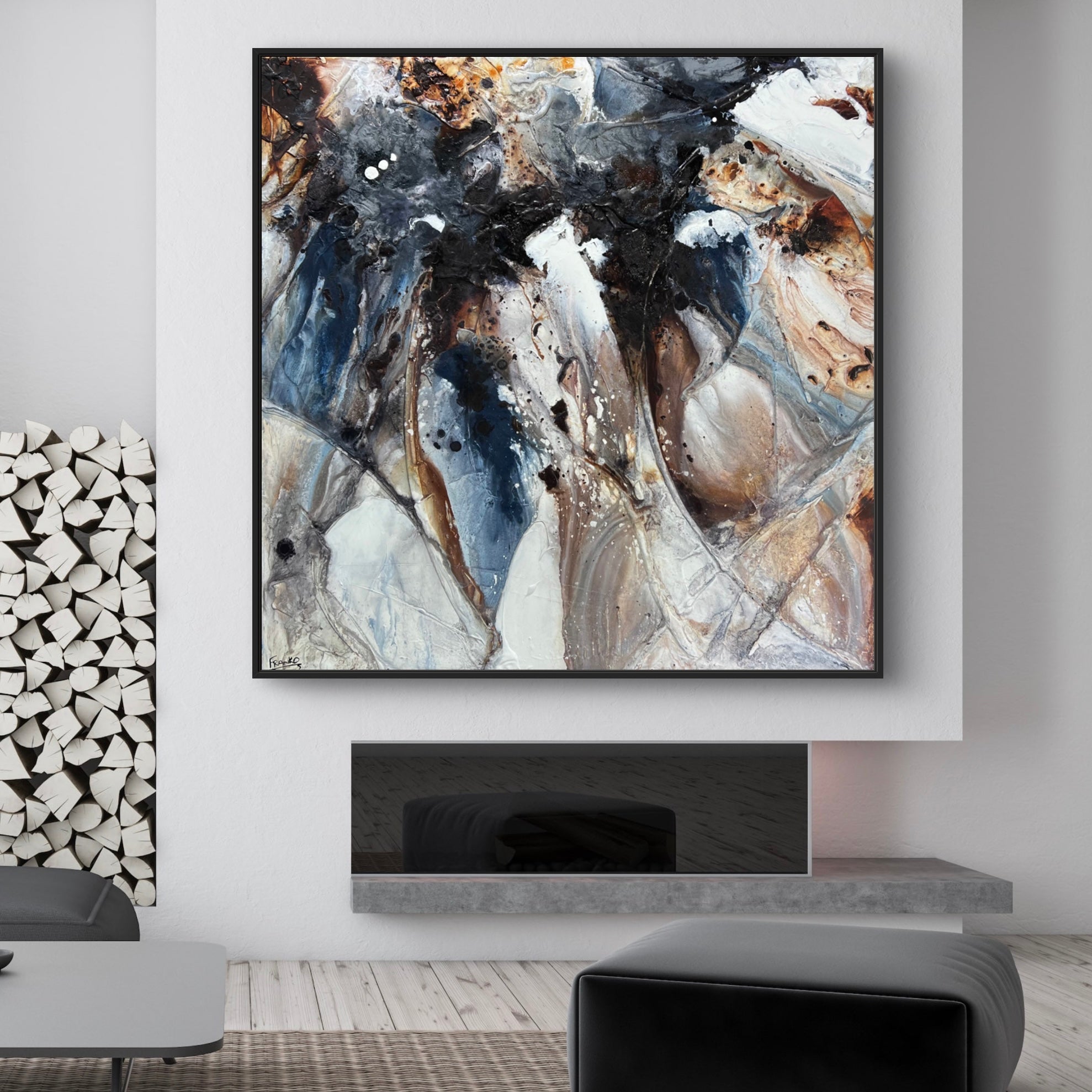 150cm x 150cm Rustic Blue Denim & Umber Textured Abstract Canvas Painting - Modern Wall Art for Living Room, Bedroom & Office Decor