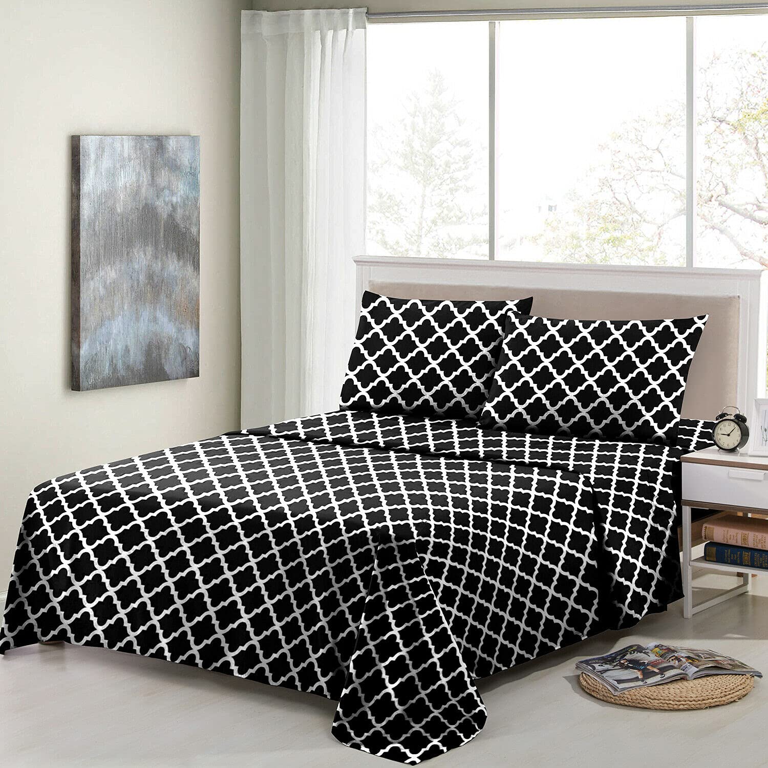 Premium 1800 Thread Count Egyptian Comfort Microfiber Bed Sheet Set - Twin Size, Black & White, 4-Piece with 14