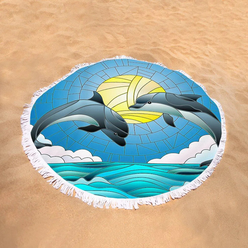 Dolphin Print Round Beach Towel - Soft, Quick-Dry & Large for Swimming, Sunbathing & Poolside Relaxation