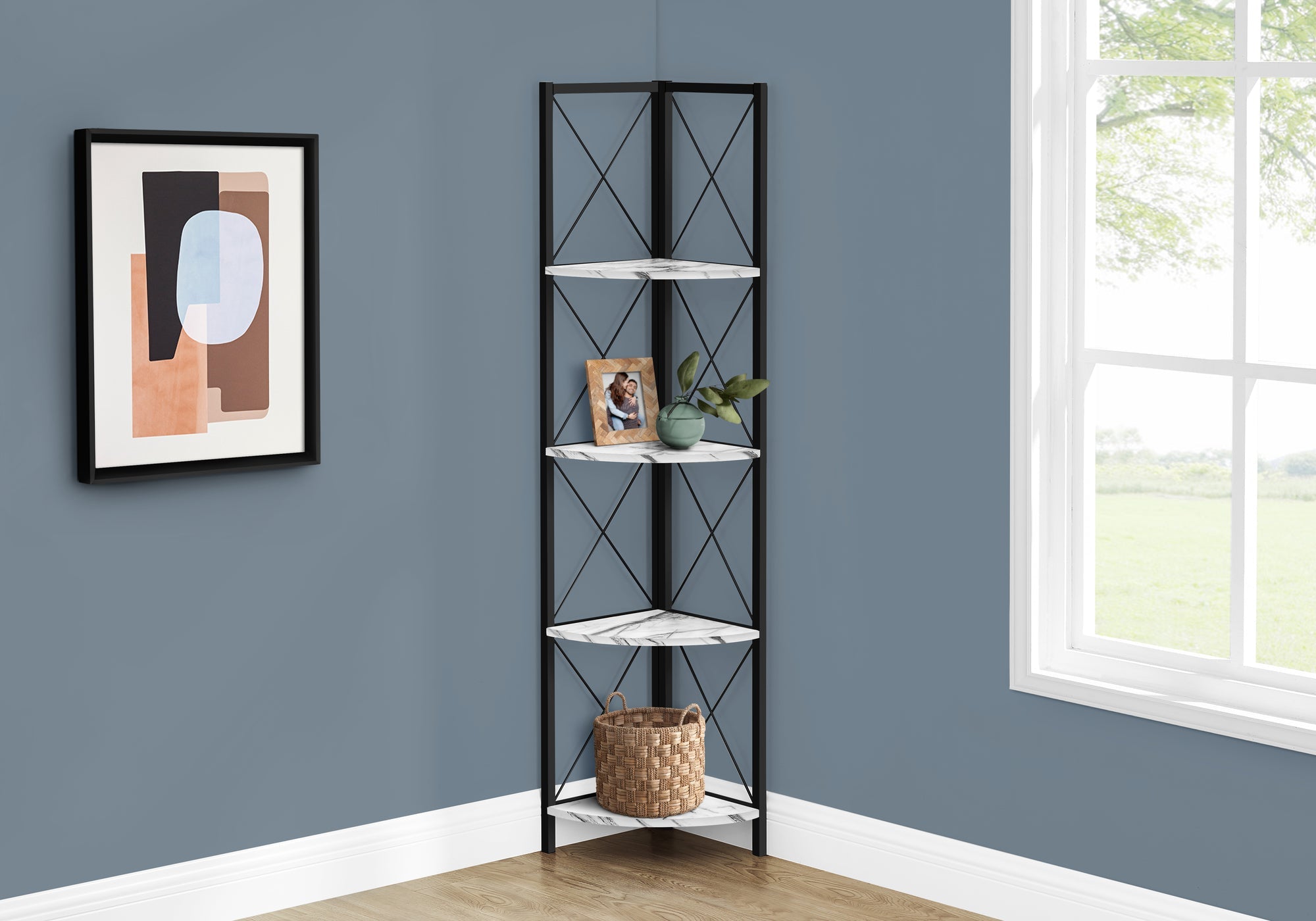 Modern White Marble & Black Metal Bookcase - 60 Inches Tall, Stylish Storage for Living Room, Office, or Bedroom - Perfect for Organizing Books, Decor, and Essentials