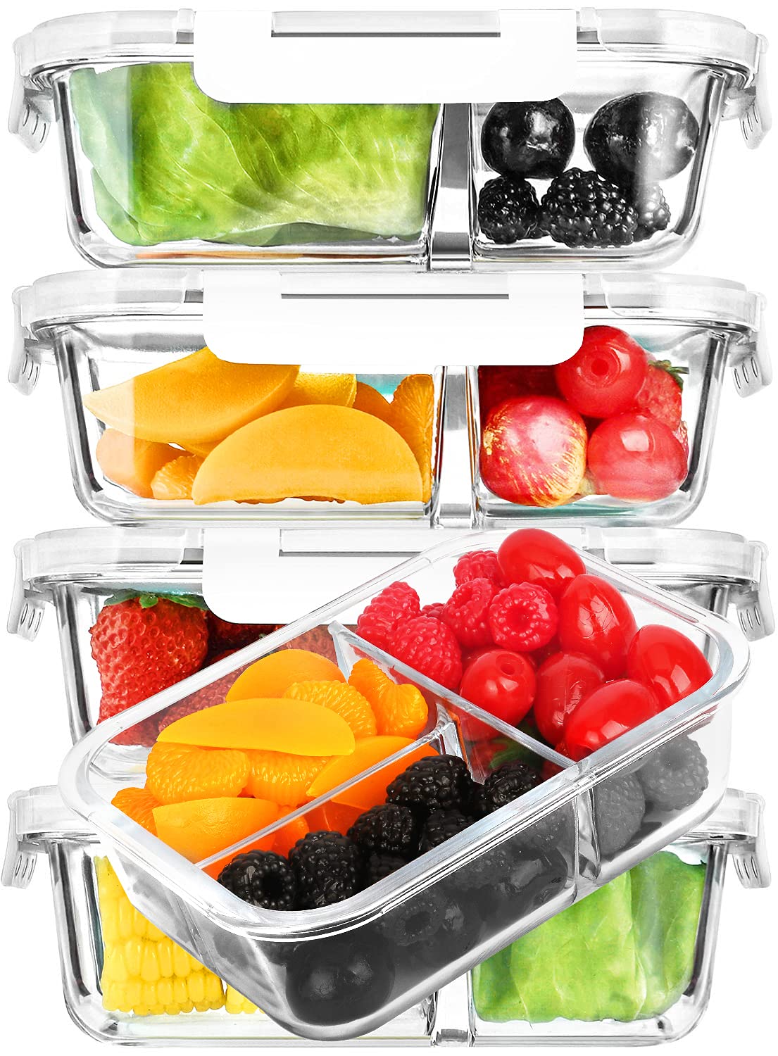 5-Pack 36 oz Glass Meal Prep Containers with Lids - 3 Compartment Bento Box for Lunch, Food Storage - Microwave, Oven, Freezer & Dishwasher Safe (4.5 Cups, White) - Perfect for Meal Prepping, Office Lunches & Healthy Eating