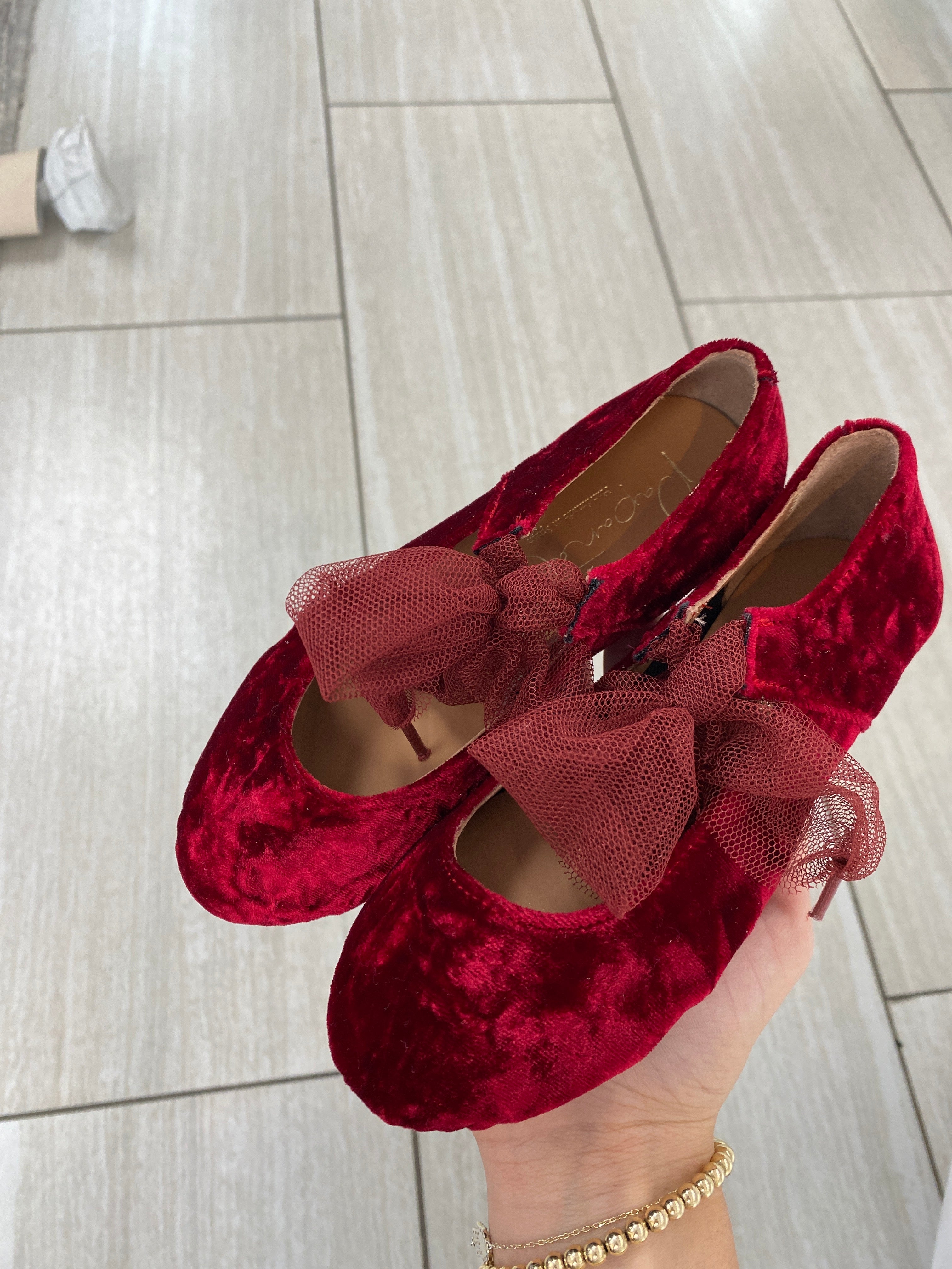 Red Velvet Bow Shoes for Women - Elegant Flats with Satin Ribbon Detail | Perfect for Weddings, Parties & Special Occasions
